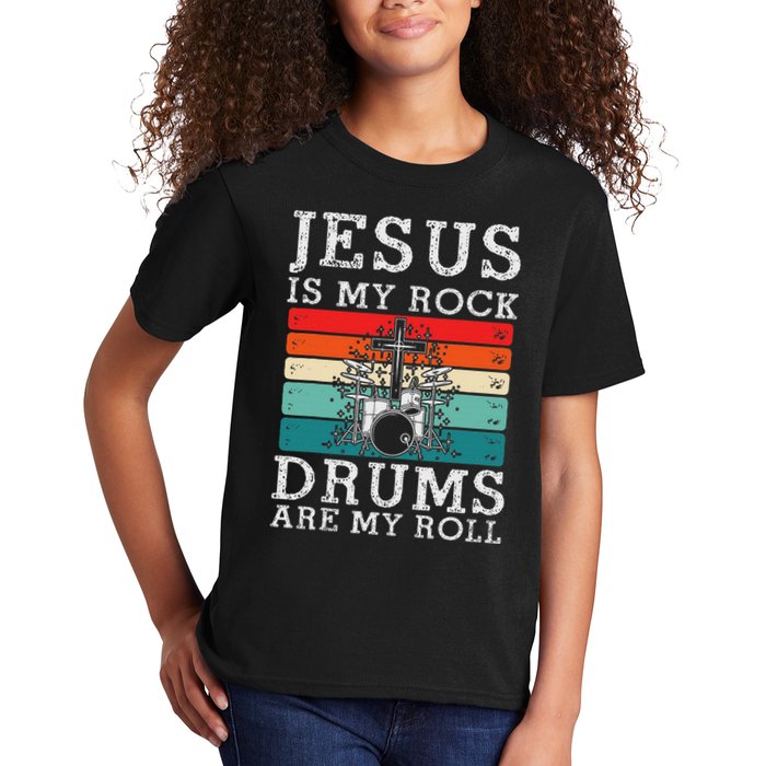 Jesus Is My Rock Drums Are My Roll Christian Drummer Kids T-Shirt