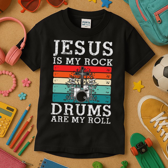 Jesus Is My Rock Drums Are My Roll Christian Drummer Kids T-Shirt