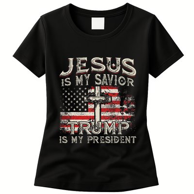Jesus Is My Savior Trump Is My President American Flag Womens T-Shirt