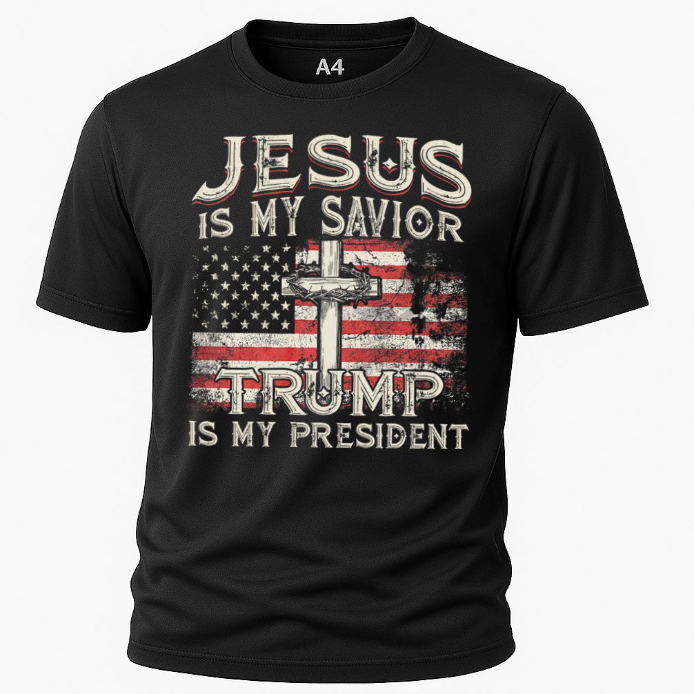 Jesus Is My Savior Trump Is My President American Flag Cooling Performance Crew T-Shirt