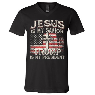 Jesus Is My Savior Trump Is My President American Flag V-Neck T-Shirt