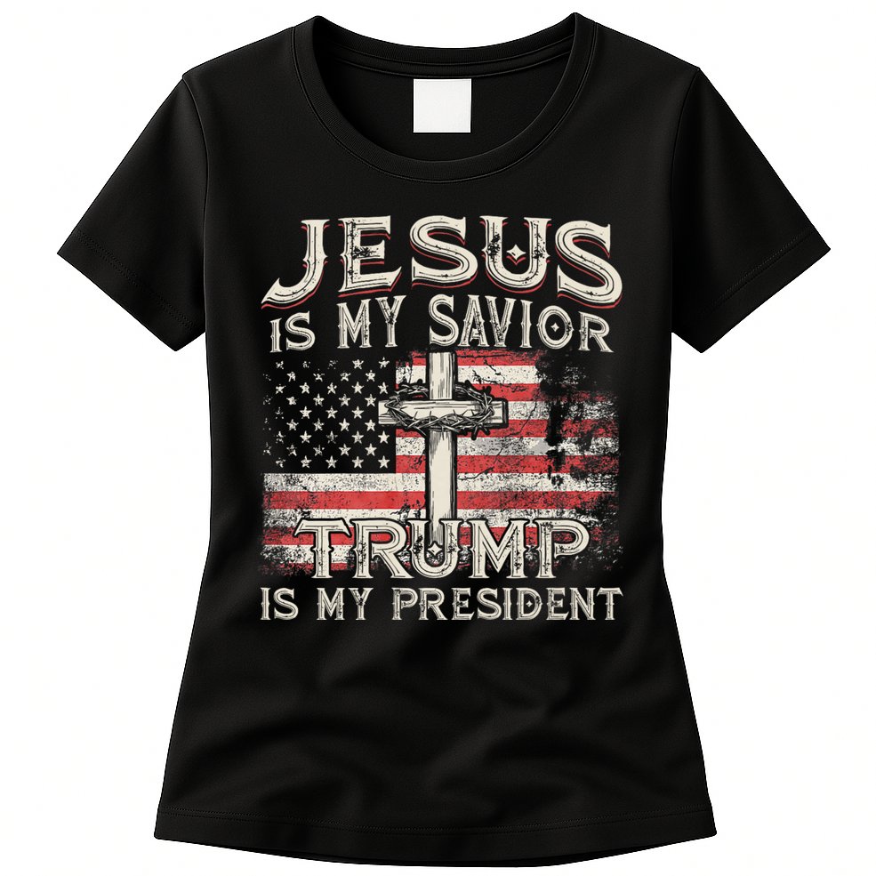 Jesus Is My Savior Trump Is My President American Flag Womens T-Shirt