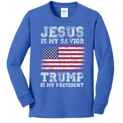 Jesus Is My Savior Trump Is My President American Flag Funny Gift Kids Long Sleeve Shirt