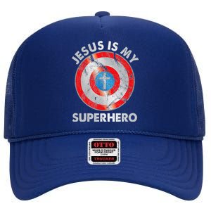 Jesus Is My SuperHero Christian Jesus Lovers Gift High Crown Mesh Back Trucker Hat