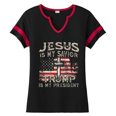 Jesus Is My Savior Trump Is My President American Flag Ladies Halftime Notch Neck Tee