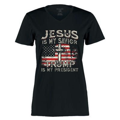 Jesus Is My Savior Trump Is My President American Flag Women's Momentum V-Neck T-Shirt