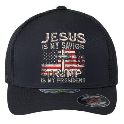 Jesus Is My Savior Trump Is My President American Flag Flexfit Unipanel Trucker Cap