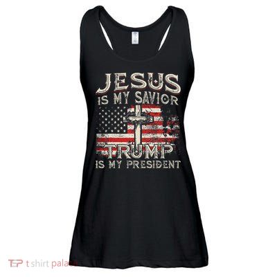 Jesus Is My Savior Trump Is My President American Flag Ladies Essential Flowy Tank