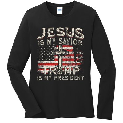 Jesus Is My Savior Trump Is My President American Flag Ladies Long Sleeve Shirt