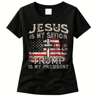 Jesus Is My Savior Trump Is My President American Flag Womens T-Shirt