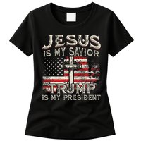 Jesus Is My Savior Trump Is My President American Flag Womens T-Shirt
