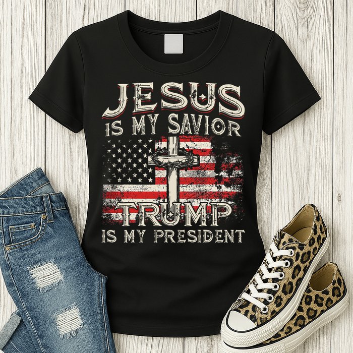Jesus Is My Savior Trump Is My President American Flag Womens T-Shirt
