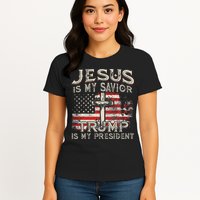 Jesus Is My Savior Trump Is My President American Flag Womens T-Shirt