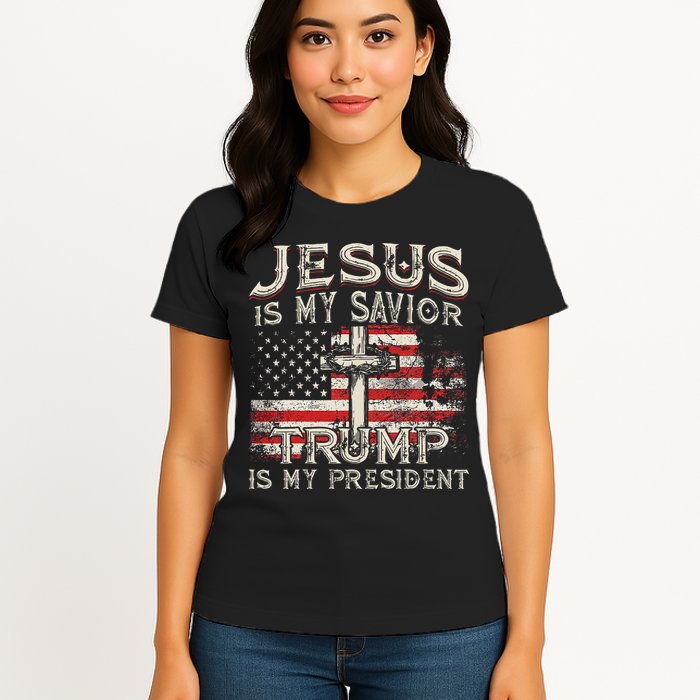 Jesus Is My Savior Trump Is My President American Flag Womens T-Shirt