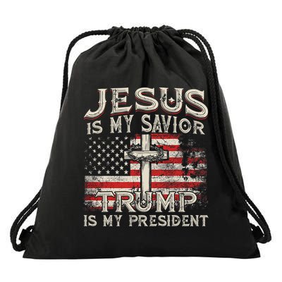 Jesus Is My Savior Trump Is My President American Flag Drawstring Bag