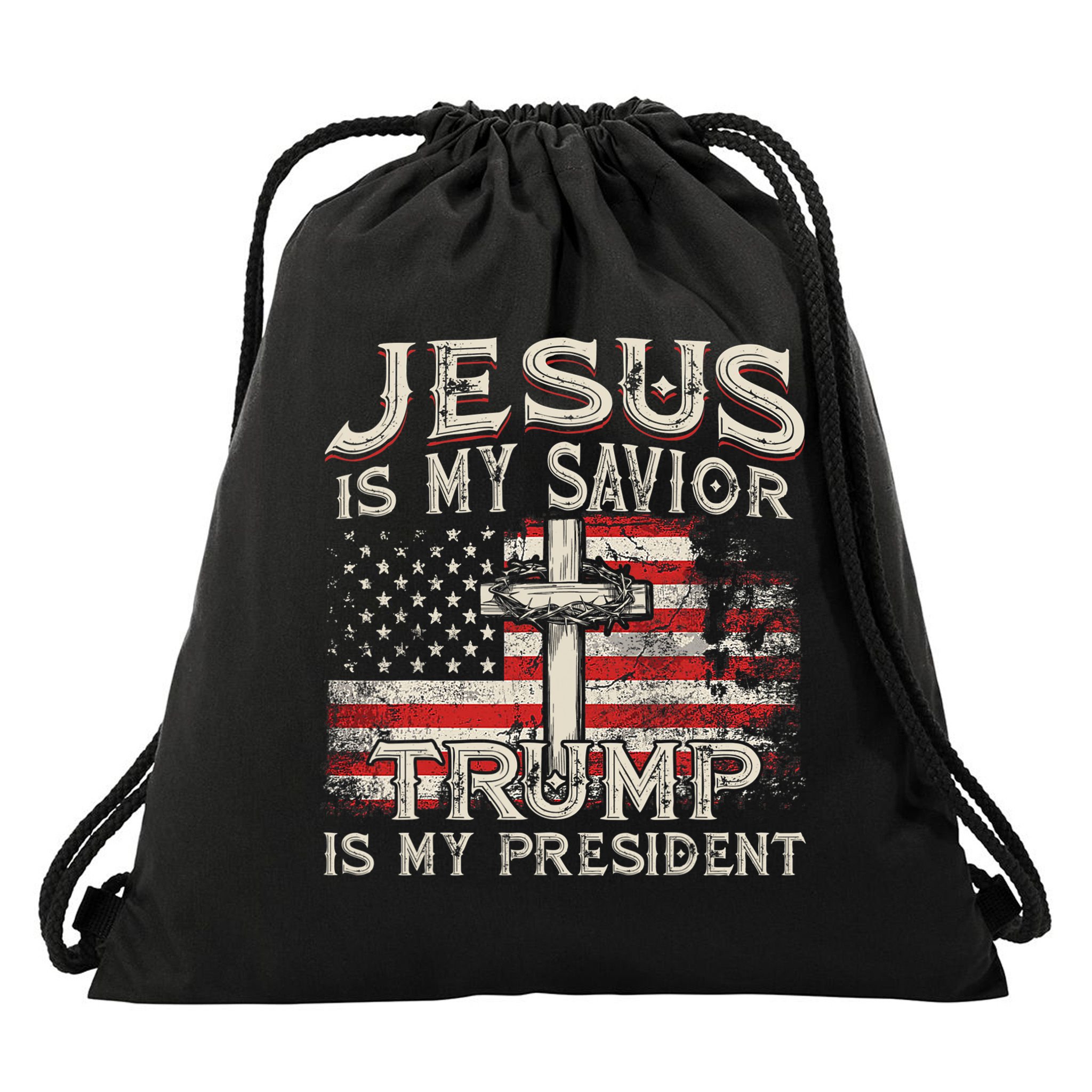 Jesus Is My Savior Trump Is My President American Flag Drawstring Bag