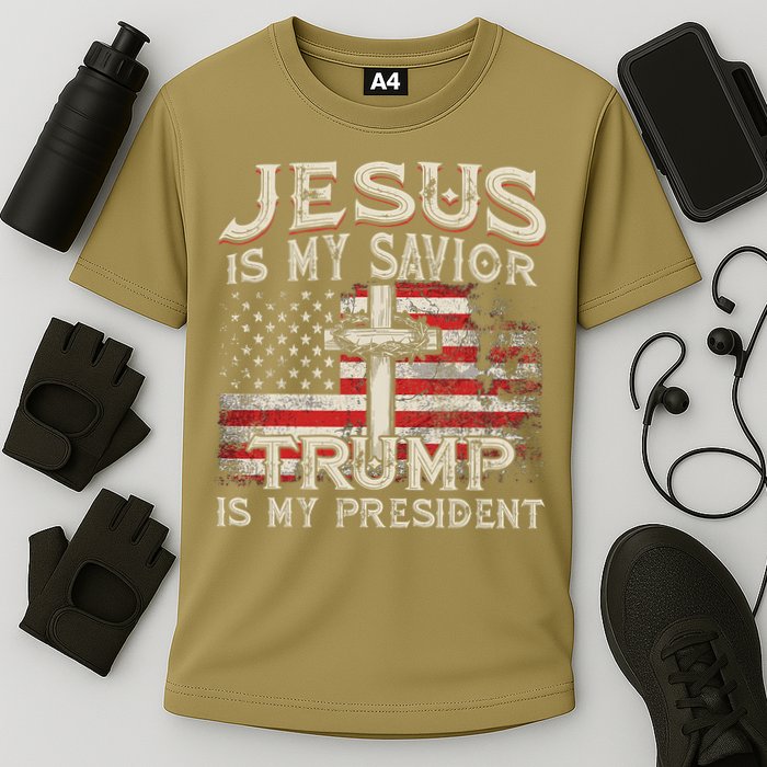 Jesus Is My Savior Trump Is My President American Flag Cooling Performance Crew T-Shirt
