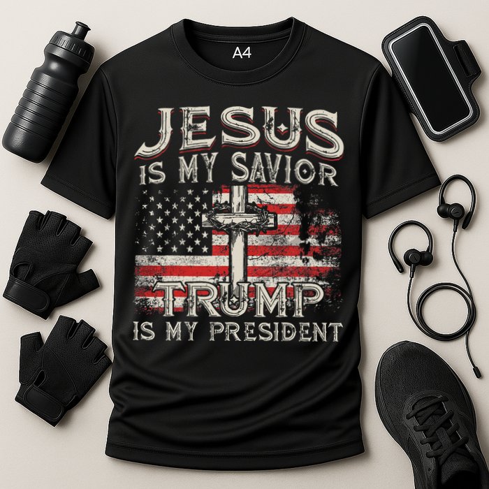 Jesus Is My Savior Trump Is My President American Flag Cooling Performance Crew T-Shirt