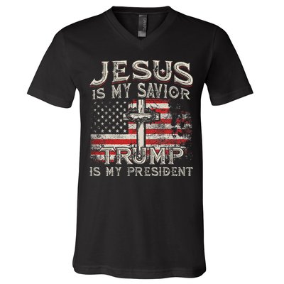 Jesus Is My Savior Trump Is My President American Flag V-Neck T-Shirt