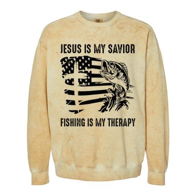 Jesus Is My Savior Fishing Is My Therapy American Flag Colorblast Crewneck Sweatshirt