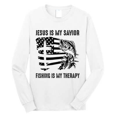 Jesus Is My Savior Fishing Is My Therapy American Flag Long Sleeve Shirt