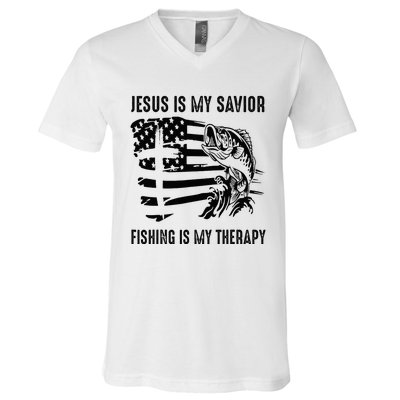 Jesus Is My Savior Fishing Is My Therapy American Flag V-Neck T-Shirt