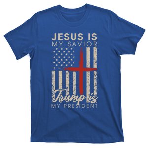 Jesus Is My Savior Trump Is My President 2024 Usa Flag Cross Gift T-Shirt