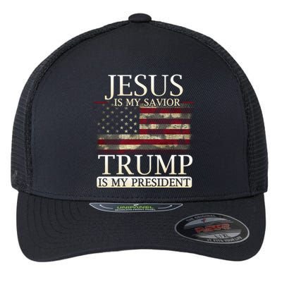 Jesus Is My Savior Trump Is My President Christian USA Flag Gift Flexfit Unipanel Trucker Cap