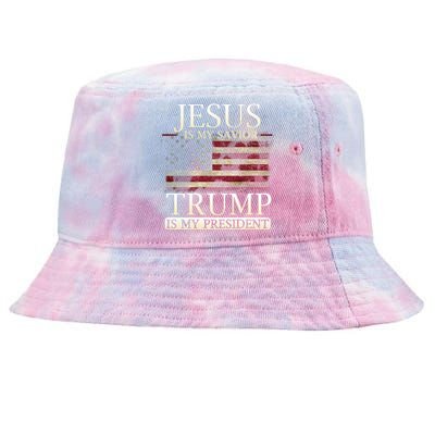 Jesus Is My Savior Trump Is My President Christian USA Flag Gift Tie-Dyed Bucket Hat