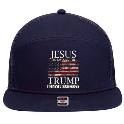 Jesus Is My Savior Trump Is My President Christian USA Flag Gift 7 Panel Mesh Trucker Snapback Hat