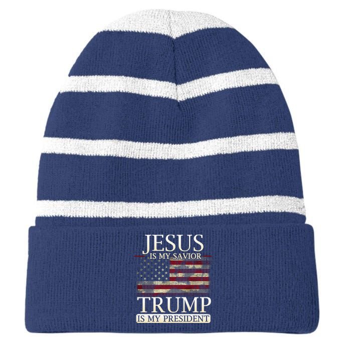 Jesus Is My Savior Trump Is My President Christian USA Flag Gift Striped Beanie with Solid Band