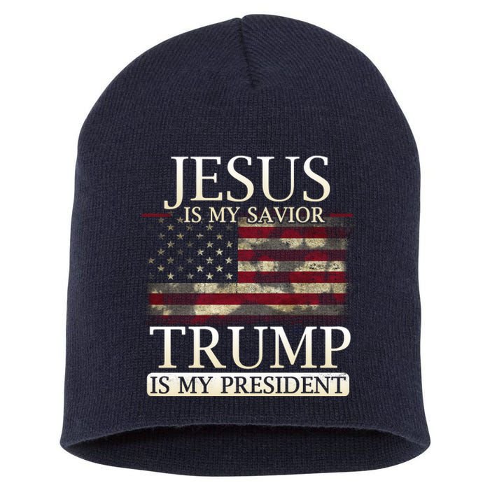 Jesus Is My Savior Trump Is My President Christian USA Flag Gift Short Acrylic Beanie