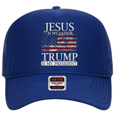 Jesus Is My Savior Trump Is My President Christian USA Flag Gift High Crown Mesh Back Trucker Hat