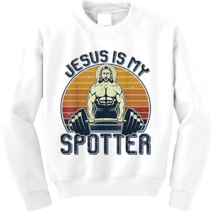 Jesus Is My Spotter Funny Christian Great Gift Weightlifting Gym Gymmer Gift Kids Sweatshirt