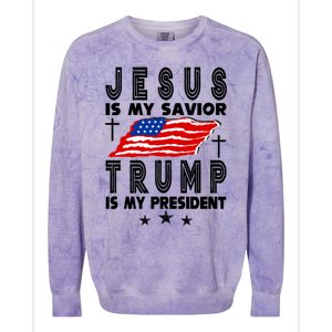 Jesus Is My Savior Trump Is My President 2024 Usa Flag Gift Colorblast Crewneck Sweatshirt