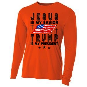 Jesus Is My Savior Trump Is My President 2024 Usa Flag Gift Cooling Performance Long Sleeve Crew