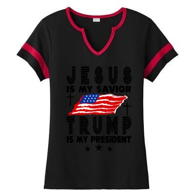 Jesus Is My Savior Trump Is My President 2024 Usa Flag Gift Ladies Halftime Notch Neck Tee