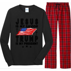 Jesus Is My Savior Trump Is My President 2024 Usa Flag Gift Long Sleeve Pajama Set