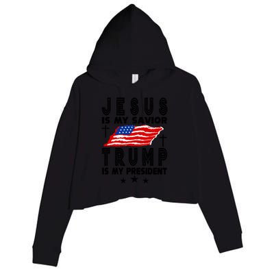 Jesus Is My Savior Trump Is My President 2024 Usa Flag Gift Crop Fleece Hoodie