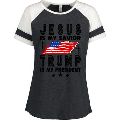 Jesus Is My Savior Trump Is My President 2024 Usa Flag Gift Enza Ladies Jersey Colorblock Tee