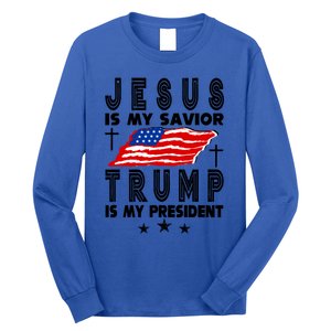 Jesus Is My Savior Trump Is My President 2024 Usa Flag Gift Long Sleeve Shirt