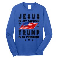 Jesus Is My Savior Trump Is My President 2024 Usa Flag Gift Long Sleeve Shirt