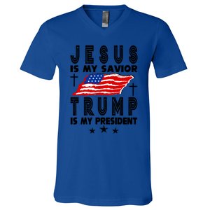 Jesus Is My Savior Trump Is My President 2024 Usa Flag Gift V-Neck T-Shirt