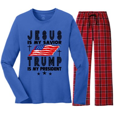 Jesus Is My Savior Trump Is My President 2024 Usa Flag Gift Women's Long Sleeve Flannel Pajama Set 