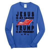 Jesus Is My Savior Trump Is My President 2024 Usa Flag Gift Tall Long Sleeve T-Shirt