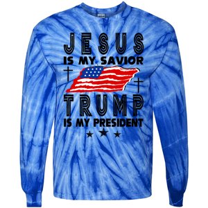 Jesus Is My Savior Trump Is My President 2024 Usa Flag Gift Tie-Dye Long Sleeve Shirt