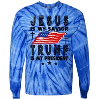 Jesus Is My Savior Trump Is My President 2024 Usa Flag Gift Tie-Dye Long Sleeve Shirt