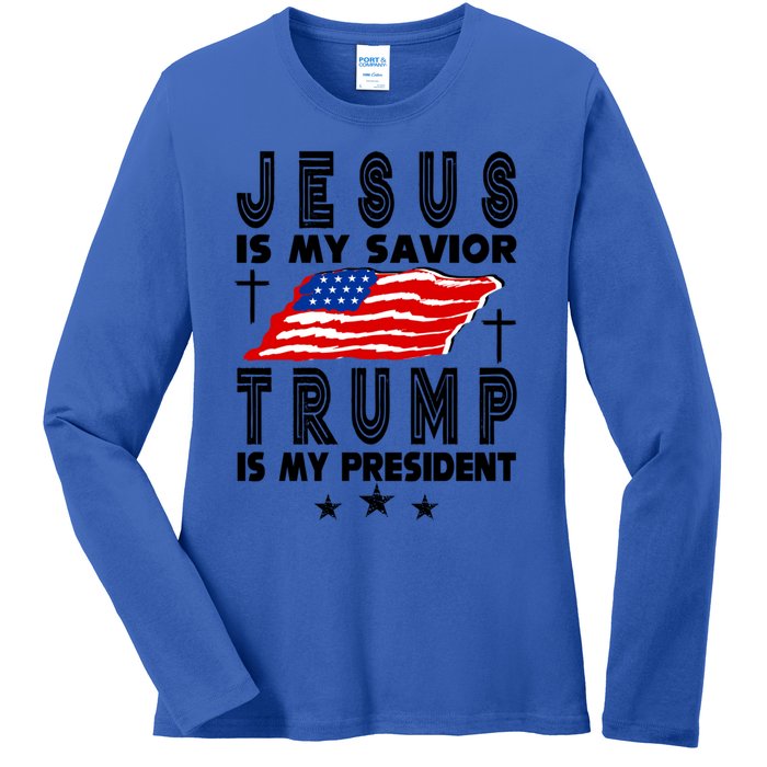 Jesus Is My Savior Trump Is My President 2024 Usa Flag Gift Ladies Long Sleeve Shirt