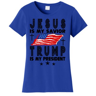 Jesus Is My Savior Trump Is My President 2024 Usa Flag Gift Women's T-Shirt