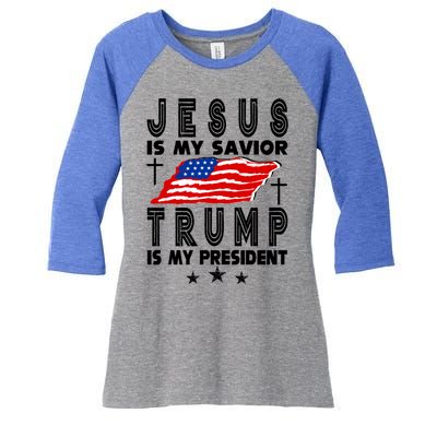 Jesus Is My Savior Trump Is My President 2024 Usa Flag Gift Women's Tri-Blend 3/4-Sleeve Raglan Shirt